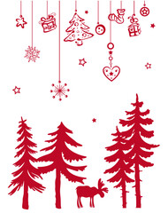 Elch im Wald mit Ranken. Vektor Dekoration für Weihnachten Advent und im Winter. Weihnachtliche Silhouette, - 632191627