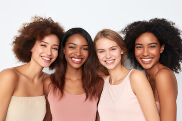 Cheerful multiracial young women friends posing, isolated on white background