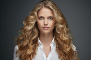 Obraz premium Wavy-haired blonde on dark backdrop