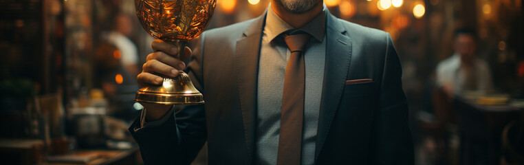 Businessman holding a trophy. Generative Ai