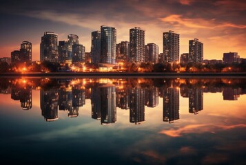 view of city from across river with reflection, long exposure. generative ai