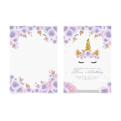 1st birthday party invitation with beautiful unicorn surrounded by glitters and violet roses