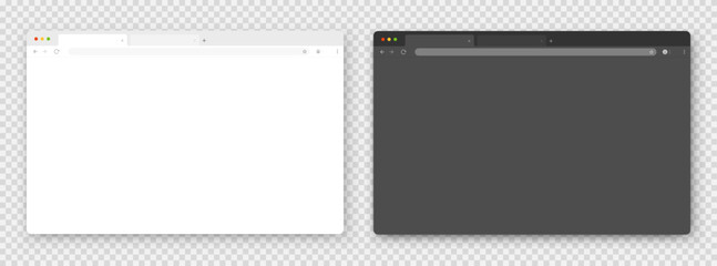 Browser windows. A set of realistic empty browser windows in white and gray with a toolbar, a search bar and a shadow on a gray background. Vector illustration.