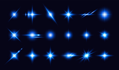Transparent blue light effects on a black background. A collection of various glowing sparks, stars. The effect of glow, radiance, shine. Vector EPS 10.