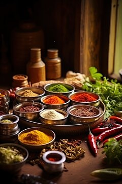 Indian spices in masala dabba, on a rustic village wooden table illustration made with Generative AI 