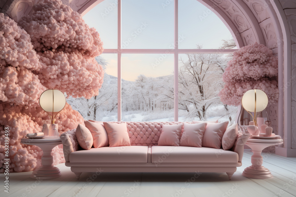 Canvas Prints Decorated pink Christmas tree in living room with sofa and  with large panoramic windows with winter forest background