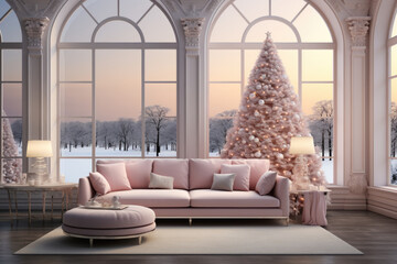 pink Christmas tree in living room 