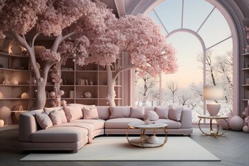 Exotic pink tree in living room with sofa and  with large panoramic windows
