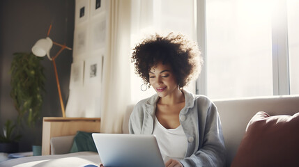 Beautiful African American woman sitting at home on the sofa with a laptop. Woman looking at laptop and smiling.
