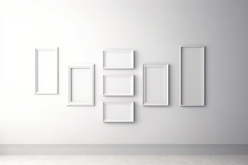 Seven Blank white picture frames on the white wall indoor, template, mock up, background