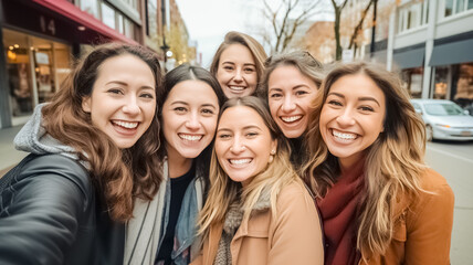 Fototapeta premium Group of friends having fun together outdoors on city street. Young cheerful people walking hugging outside. 