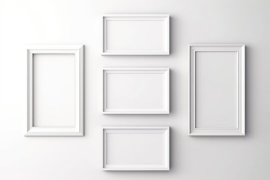 Five Blank white picture frames on the white wall indoor, template, mock up, background