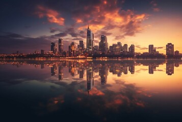 Naklejka premium view of city from across river with reflection, long exposure. generative ai