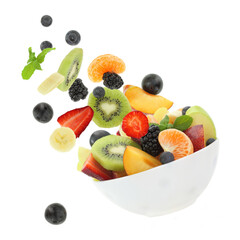 Fresh mixed fruits falling into a bowl isolated on white transparent background