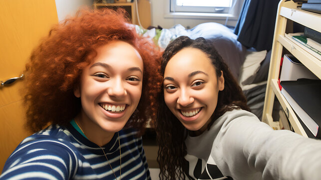 Two student girls take a selfie in a student dorm room. Girls smiling and looking at the camera
