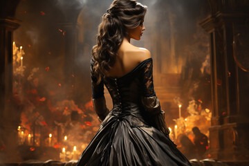 enchanting and alluring princess exudes elegance and allure in her dress, creating a captivating and seductive presence in castle