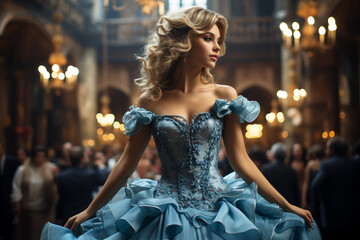 Cinderella exhibits grace and elegance as she dances, her dress swirling around her in a mesmerising display of enchantment in a splendid scene at the royal ball