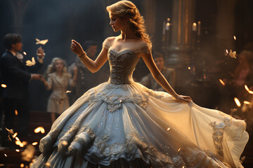 Cinderella exhibits grace and elegance as she dances, her dress swirling around her in a mesmerising display of enchantment in a splendid scene at the royal ball