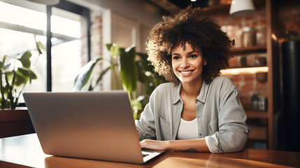 Beautiful African American woman sitting at home with a laptop. Young woman studying or working