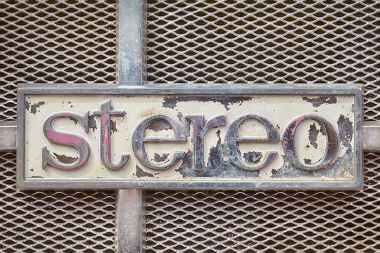 Close up of a vintage jukebox with the metal text stereo