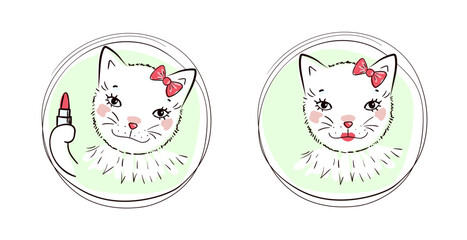 Beautiful cat with lipstick. Beauty white kitten girl applying red lipstick. Cute pretty kitty character. Vector cartoon comics art. Only for fashionable cats!