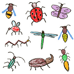 Crazy doodle insects set. Crayon like kid`s hand drawn colorful funny butterfly, bug, beetle, bee, wasp, fly, dragonfly, mosquito, caterpillar. Vector pastel chalk or pencil childlike cartoon flat art