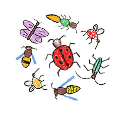 Crazy doodle insects set. Crayon like kid`s hand drawn colorful funny butterfly, bug, beetle, bee, wasp, fly, dragonfly, mosquito, caterpillar. Vector pastel chalk or pencil childlike cartoon flat art