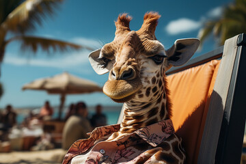 Obraz premium Relaxed, funny chilling giraffe sunbathing at seaside resort and wear Hawaiian shirt lounging on deck chair with fruity cocktail. Vacation rest in hot country beach concept. Generative AI