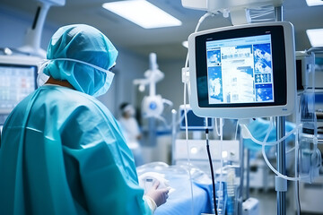 The surgeon in the operating room looks at the monitor screen, checks the indicators and controls the work of the robot - Powered by Adobe