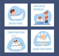 Set of squared banners about bath child flat style, vector illustration