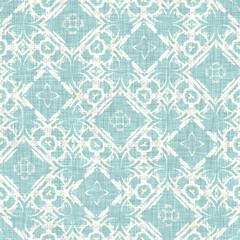 Fototapeta premium Teal aqua white vibrant watercolor batik azulejos tile background. Seamless coastal blur linen effect geometric mosaic effect.Boho Patchwork nautical masculine all over summer fashion repeat.