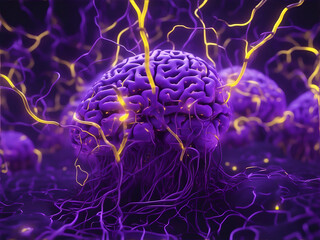 Surreal purple brain and Neural network with electrical activity as Generative AI illustration. Nerve cells, synapses and axones transmitting electrical signals. 