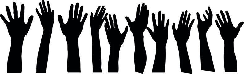  row of hands reaching up in the air Silhouette. The hands are all different shapes and sizes, and they are all facing the same direction.