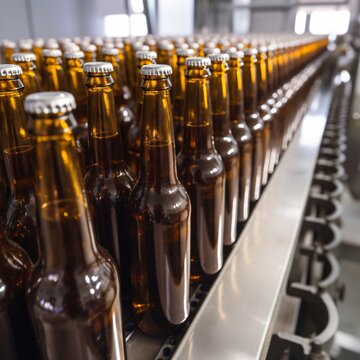Brewery Conveyor Belt: Bottling Beer Bottles on Production Line. Generative AI.