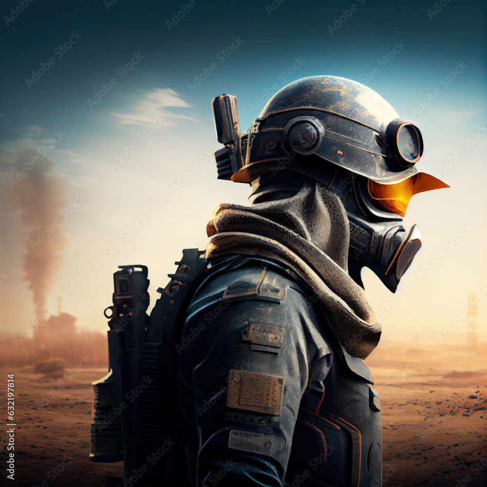 Poster Illustration of a soldier in a military helmet. Generative AI