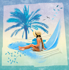 A little girl in a hat sitting near the pool - art collage or design about summertime, holidays, vacation