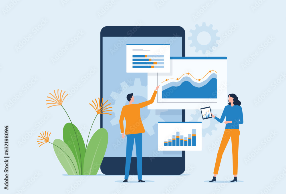 Poster vector business data analytics research and Data Scientist team meeting concept. with business people working together on a report graph dashboard monitor. and finance investment planning concept
