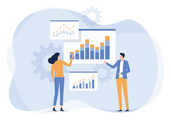 vector business data analytics research and Data Scientist team meeting concept. with business people working together on a report graph dashboard monitor. and finance investment planning concept
