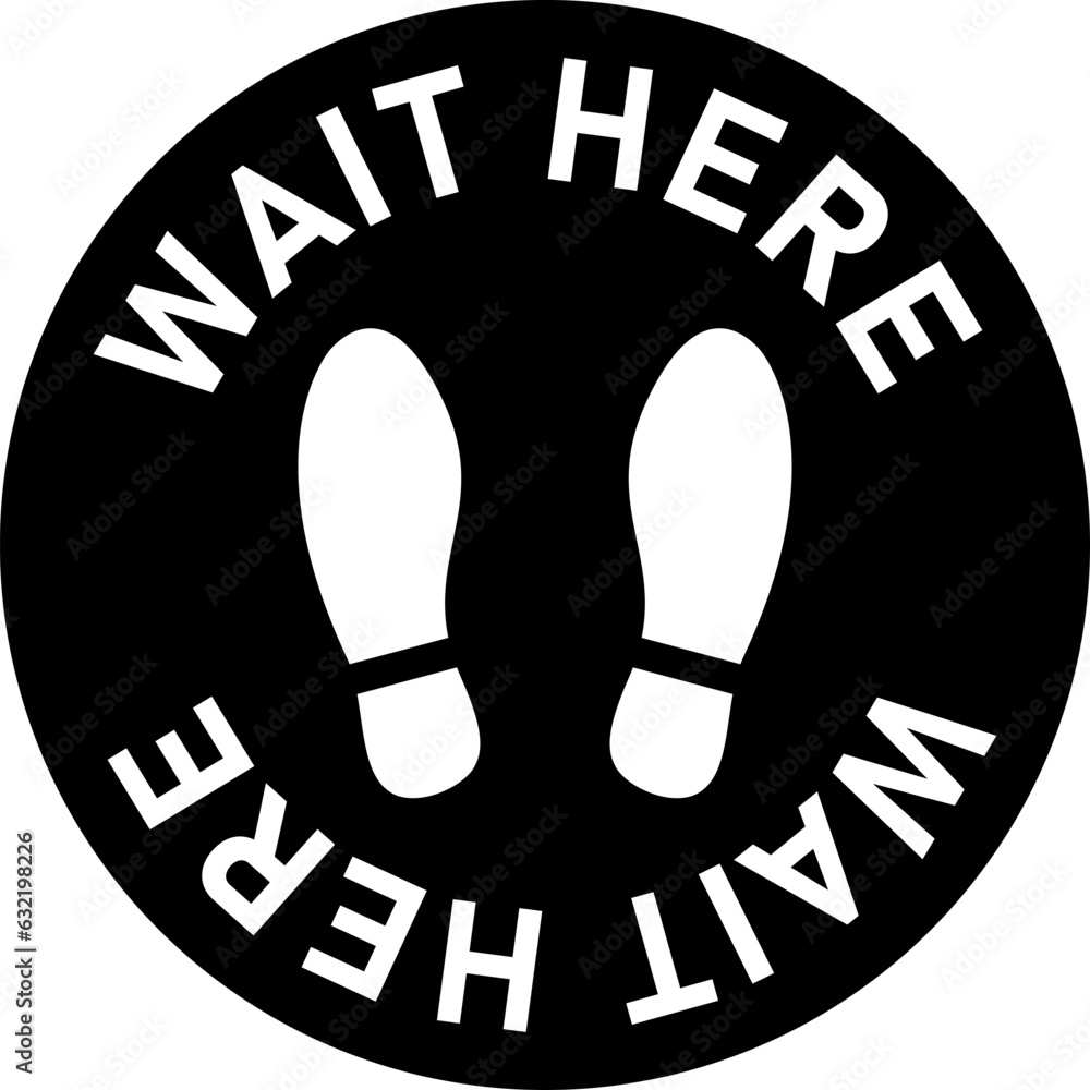 Poster black and white please wait here social distancing round floor marking sticker icon with text and sh