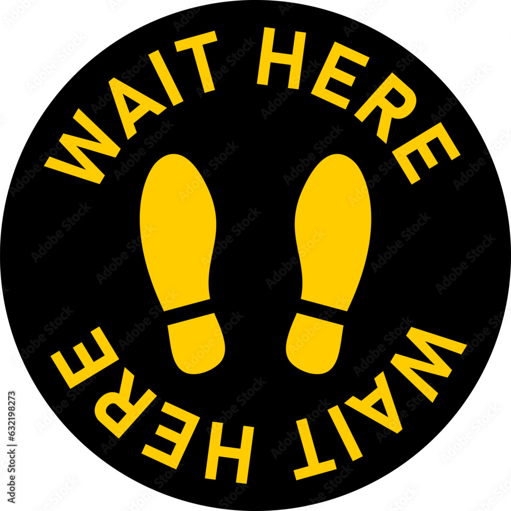 Poster black and yellow please wait here social distancing round floor marking sticker icon with text and s