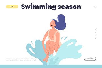 Swimming season landing page design template with happy laughing young woman character jump in water