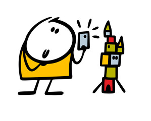 Little boy has built a pyramid of toy cubes and is photographing it on his smartphone. Vector illustration of a child photographing his creation for social networks.