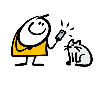 Doodle cartoon man leans over and takes pictures of a cute cat on his phone. Vector illustration of a pet photo for social networks.