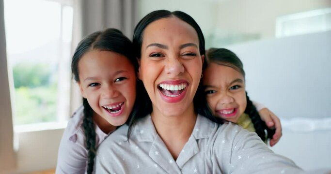 Face, selfie and funny mother with kids in bedroom, smile and bonding together in home. Portrait, mom and excited children with profile picture in bed for happy memory, photography and laughing