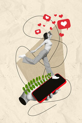 Photo collage cartoon comics sketch picture of funny lady getting instagram twitter telegram...