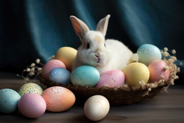 Cute Rabbit and Colored Easter Eggs