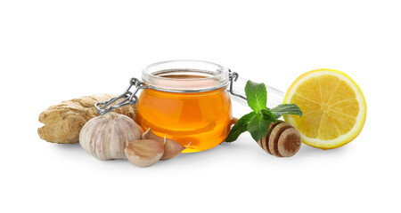 Natural cold remedies on white background. Cough treatment