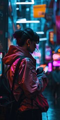 Obraz premium Cyberpunk lady in trench coat and neon street, AI