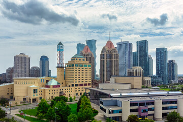 Aerial view of the Mississauga downtown district. Cityscape and urban skyline of the modern city in...
