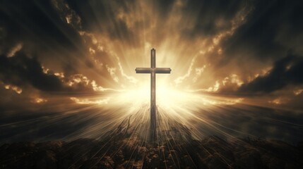 silhouette of a Cross, background of crepusular rays